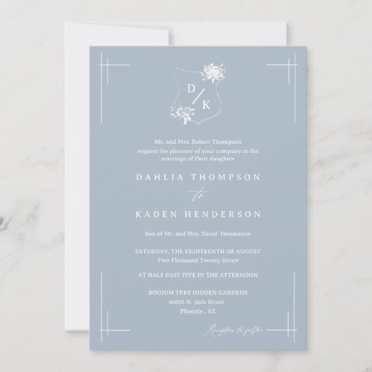 Invitation Bleu Dusty Floral Mariage Crest Boho QR Code Photo (Devant)