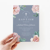 Invitation Bleu Dusty Floral Religieux Croix Boy Baptême