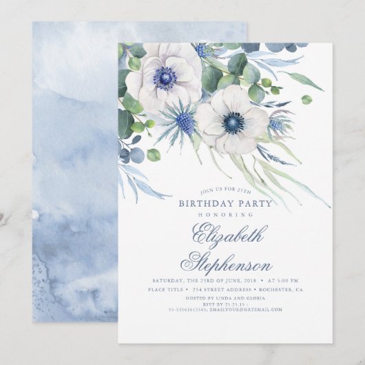 Invitation Bleu Dusty Floral verdure Élégant Anniversaire (Devant / Derrière)