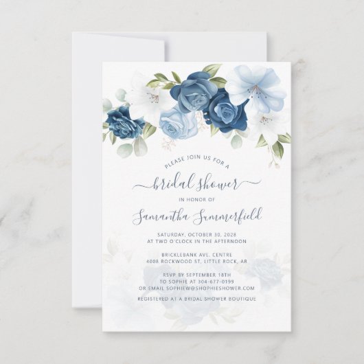 Invitation Bleu Dusty Floral verdure Fête des mariées botaniq (Devant)