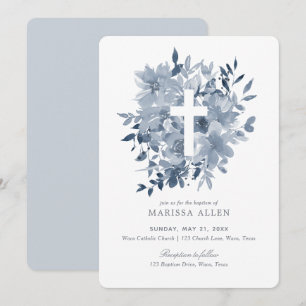 Invitation Bleu Dusty Floral verdure Neutre Baptême