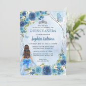 Invitation Bleu Dusty Glam Floral Princess Quinceañera (Debout devant)