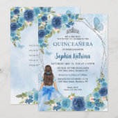 Invitation Bleu Dusty Glam Floral Princess Quinceañera (Devant / Derrière)