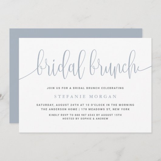 Invitation Bleu Dusty Jolie Calligraphie Brunch nuptial (Devant / Derrière)