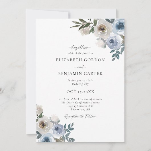 Invitation Bleu Dusty Mariage Floral Élégant Script Rustique (Devant)