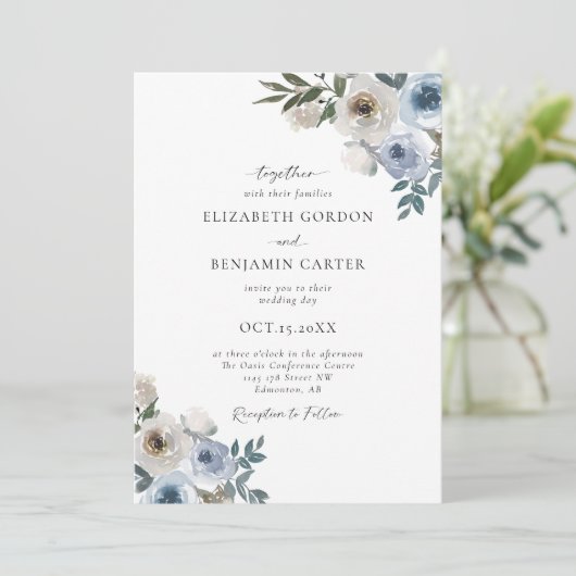 Invitation Bleu Dusty Mariage Floral Élégant Script Rustique (Debout devant)