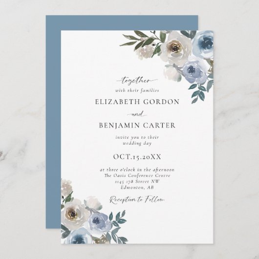 Invitation Bleu Dusty Mariage Floral Élégant Script Rustique (Devant / Derrière)