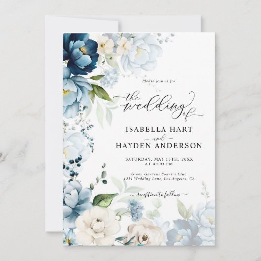 Invitation Bleu Dusty Marine Beige Tout en 1 QR Code Mariage (Devant)