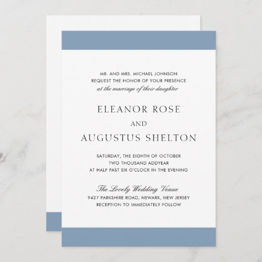 Invitation Bleu Dusty Minimal Moderne Mariage élégant (Devant / Derrière)