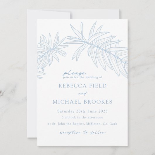 Invitation Bleu Dusty Minimaliste Botanique (Devant)