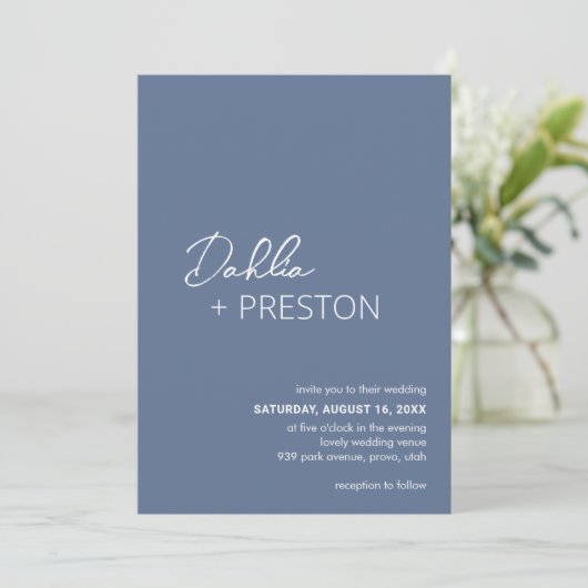 Invitation Bleu Dusty minimum QR Code Mariage moderne (Debout devant)