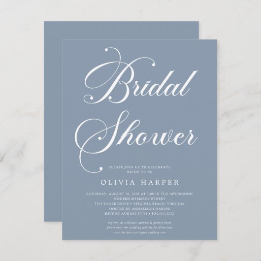Invitation Bleu Dusty minimum Script nuptiale de douche Invit (Devant / Derrière)