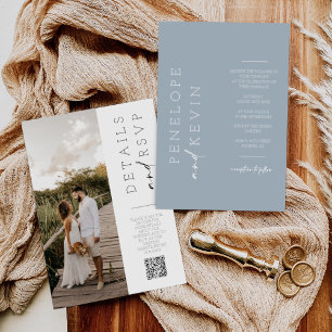 Invitation Bleu Dusty Moderne Minimaliste Mariage Photo QR Co
