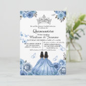 Invitation Bleu Dusty Papillon Floral Twin Quinceanera (Debout devant)