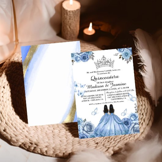 Invitation Bleu Dusty Papillon Floral Twin Quinceanera