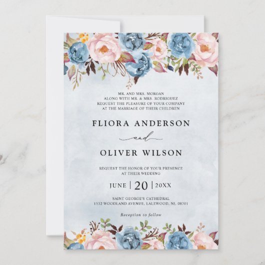 Invitation Bleu Dusty Pêche Blush Botanique Floral Mariage Da (Devant)