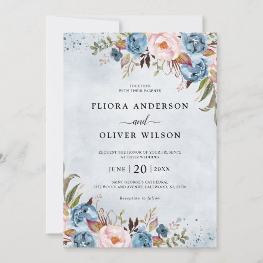 Invitation Bleu Dusty Pêche Blush Botanique Floral Mariage Da (Devant)