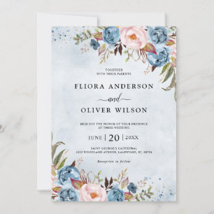 Invitation Bleu Dusty Pêche Blush Botanique Floral Mariage Da
