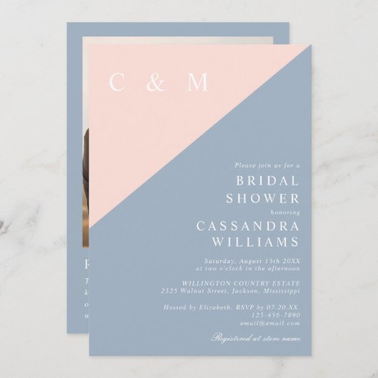 Invitation Bleu Dusty Photo Code QR Fête des mariées (Devant / Derrière)