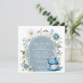 Invitation Bleu Dusty Pour Le Baby shower De Jardin Tea Boho (Debout devant)
