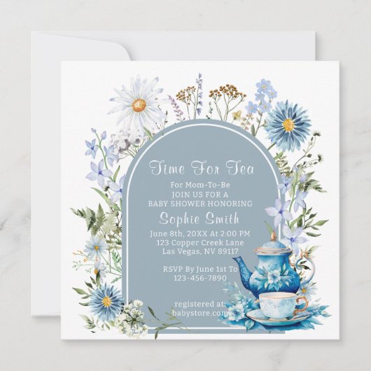 Invitation Bleu Dusty Pour Le Baby shower De Jardin Tea Boho (Devant)