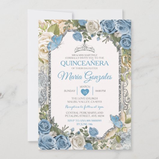 Invitation Bleu Dusty Quinceañera Papillon de la Couronne d'a (Devant)