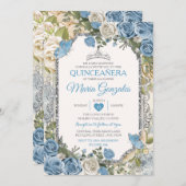 Invitation Bleu Dusty Quinceañera Papillon de la Couronne d'a (Devant / Derrière)