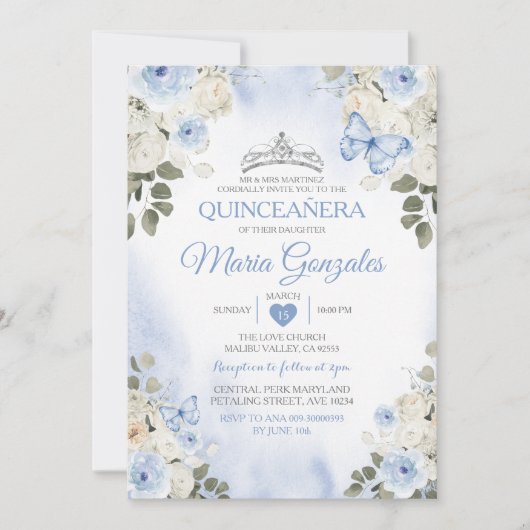 Invitation Bleu Dusty Quinceañera Papillon de la Couronne d'a (Devant)