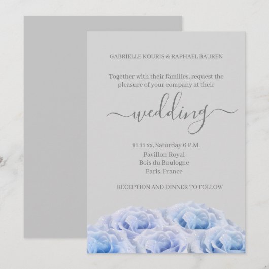 Invitation Bleu Dusty Roses gris clair Élégant Mariage floral (Devant / Derrière)