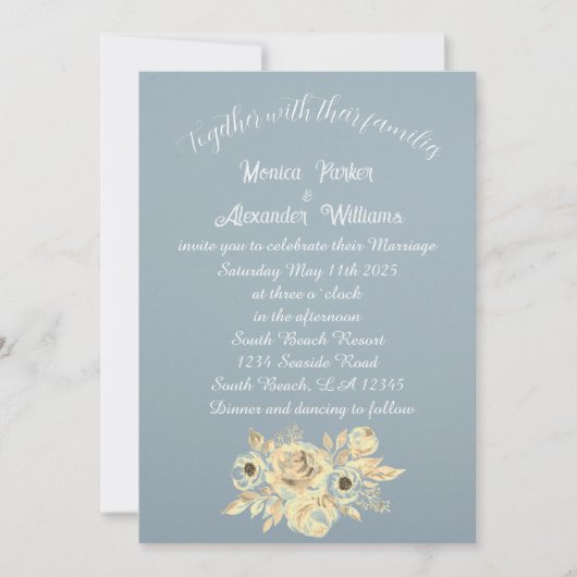 Invitation Bleu Dusty Script Floral Élégant Boho (Devant)