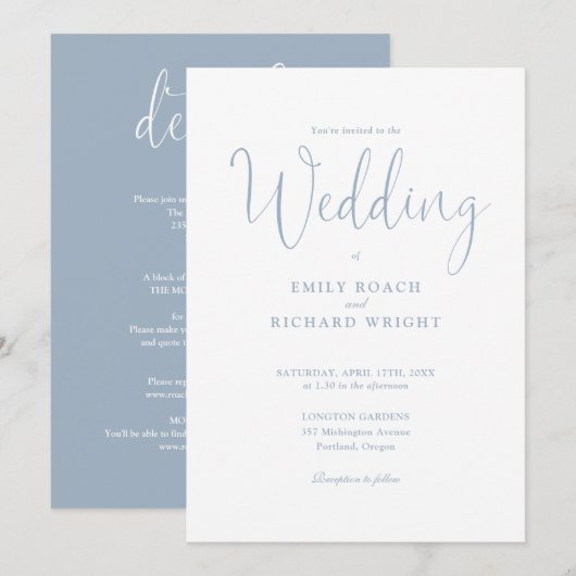 Invitation Bleu Dusty Tout en un élégant Mariage Script (Devant / Derrière)
