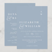 Invitation Bleu Dusty Tout en un Mariage Monogramme moderne (Devant / Derrière)