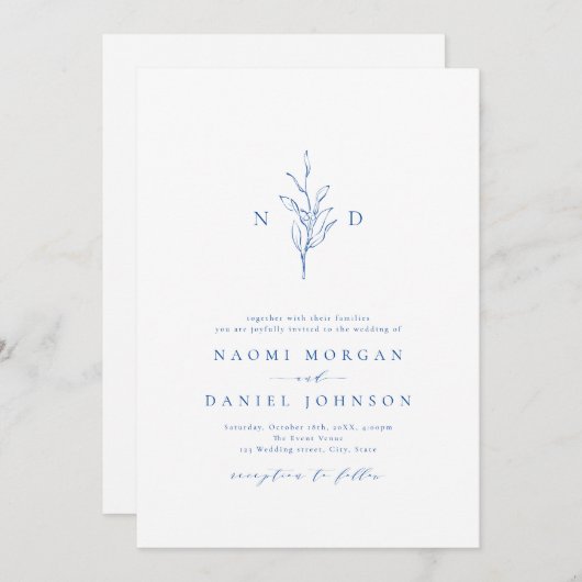 Invitation Bleu élégance botanique monogramme rustique mariag (Devant / Derrière)