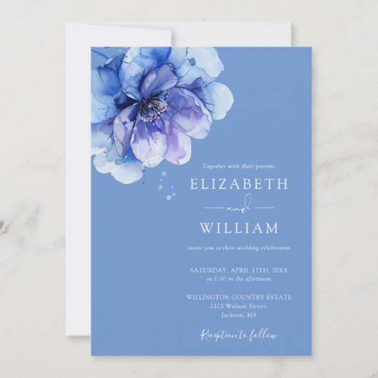 Invitation Bleu Elegant Aquarelle Botanique Floral Mariage (Devant)