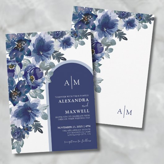 Invitation Bleu Elégant Aquarelle Moderne Mariage Floral