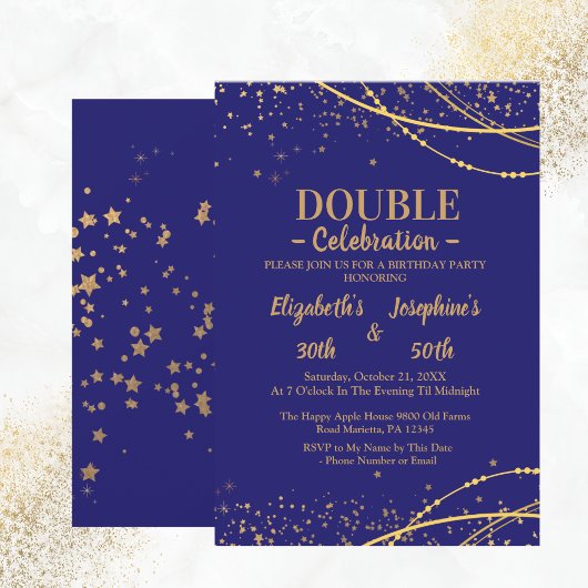 Invitation Bleu élégant avec étoiles or double joint annivers