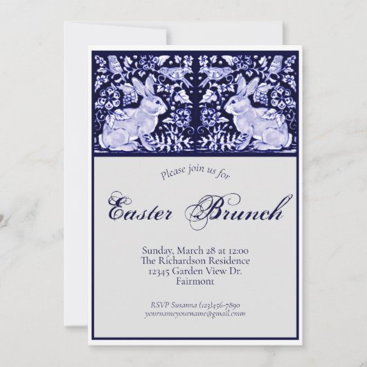 Invitation Bleu élégant, Blancs Brunch de Pâques Rabbit Oisea (Devant)