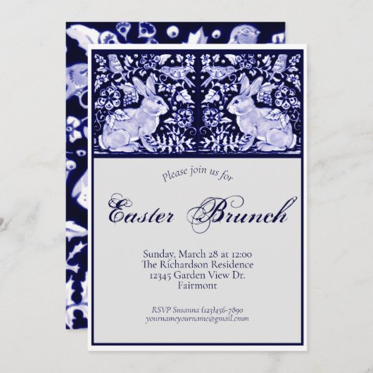 Invitation Bleu élégant, Blancs Brunch de Pâques Rabbit Oisea (Devant / Derrière)
