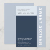 Invitation Bleu élégant bloc de couleur garçon sweet sixteen  (Devant / Derrière)