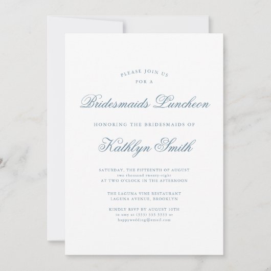 Invitation Bleu Élégant Classique Script Bridesmaitres Déjeun (Devant)