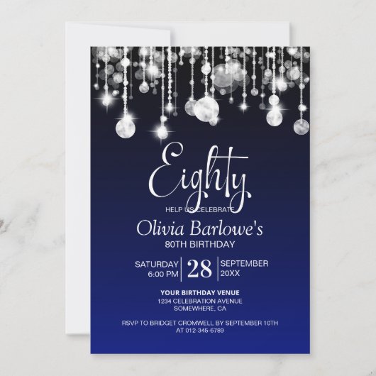 Invitation Bleu élégant fête d'anniversaire 80e (Devant)