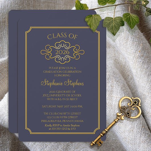 Invitation Bleu élégant | Fête de remise des diplômes de l'un