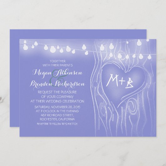 Invitation Bleu élégant feu à cordes arbre mariage romantique (Devant / Derrière)