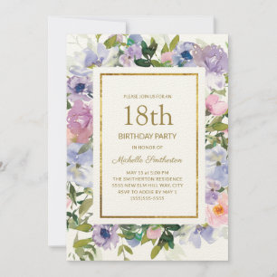Invitation Bleu Élégant Fleurs Violettes Or 18e Anniversaire