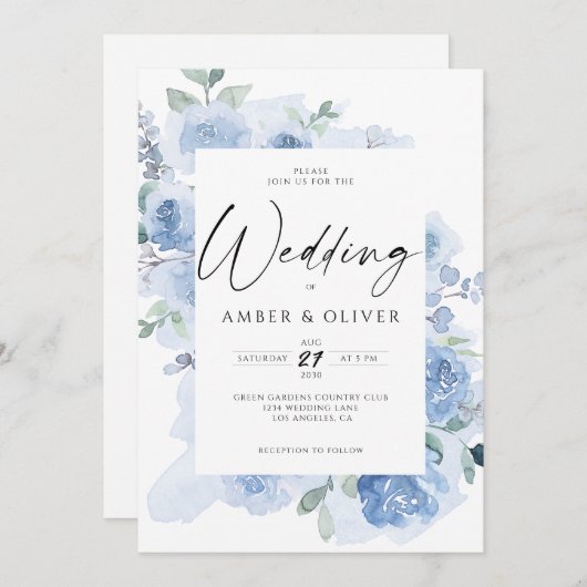 Invitation Bleu Elégant Floral clair Dusty Blue Boho Mariage (Devant / Derrière)