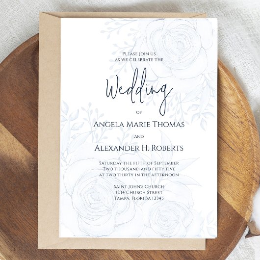 Invitation Bleu élégant Floral Simple Bleu classique | Code Q