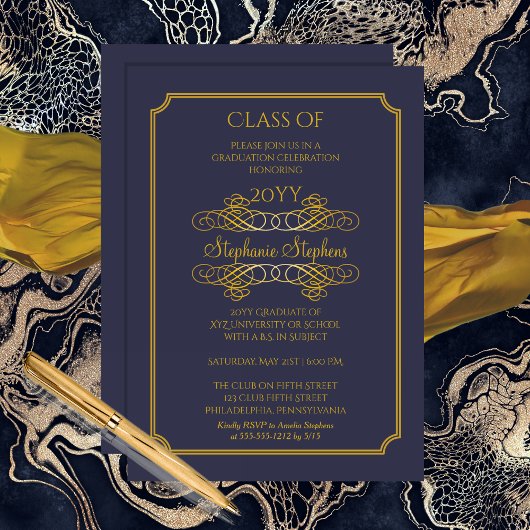 Invitation Bleu élégant | Gold College Graduation Party