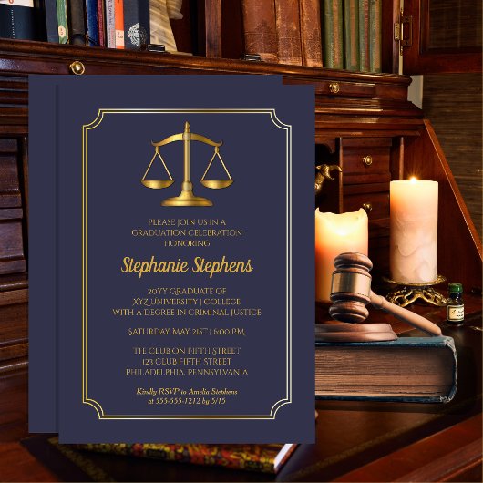 Invitation Bleu élégant | Gold Law Attorney Graduation Party