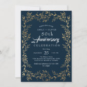 Invitation Bleu Elegant Gold Leaf Anniversaire Photo (Devant)