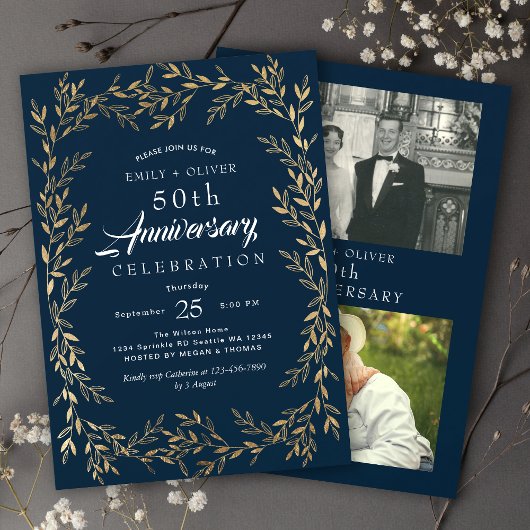 Invitation Bleu Elegant Gold Leaf Anniversaire Photo